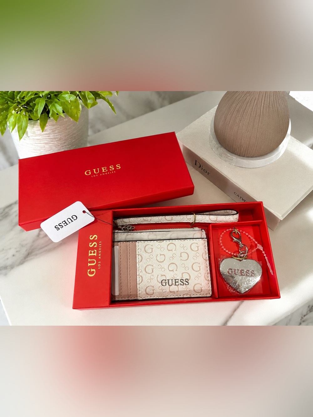 GUESS Wristlet Card Holder & Heart Keychain Gift Set Cream